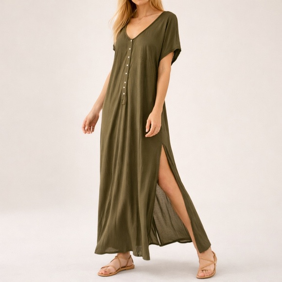 Free People FP Beach Marrakesh Dress Olive Maxi Slit Coverup Oversized Medium